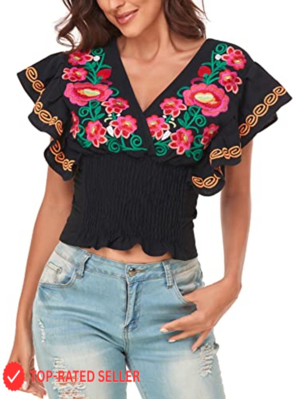 Women Mexican Embroidered V-Neck Peasant Top Off Shoulder Cotton Blouse